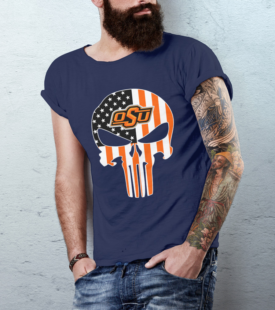 Oklahoma State Cowboys 32 Punisher Skull Osu American Flag T-Shirt