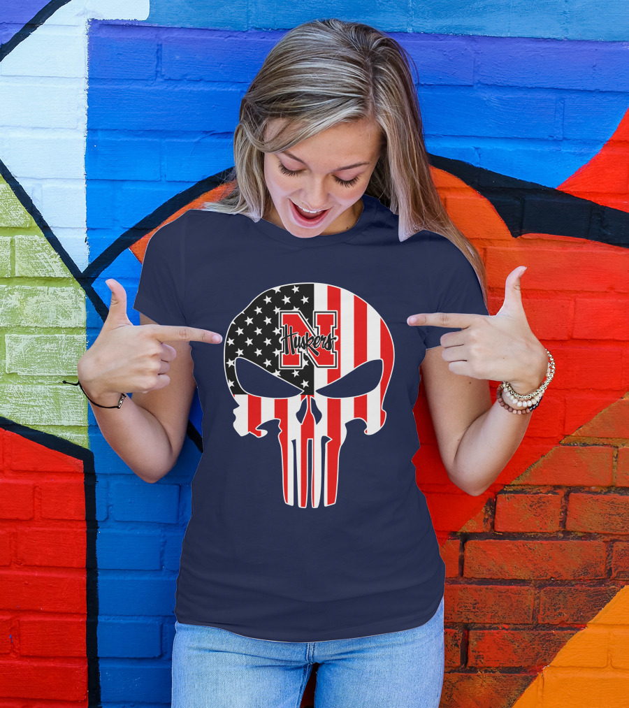Nebraska Cornhuskers Punisher Skull American Flag T-Shirt