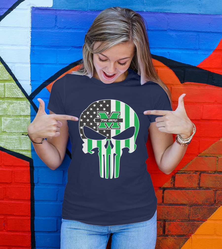 Marshall Thundering Herd The Punisher American Flag Skull T-Shirt