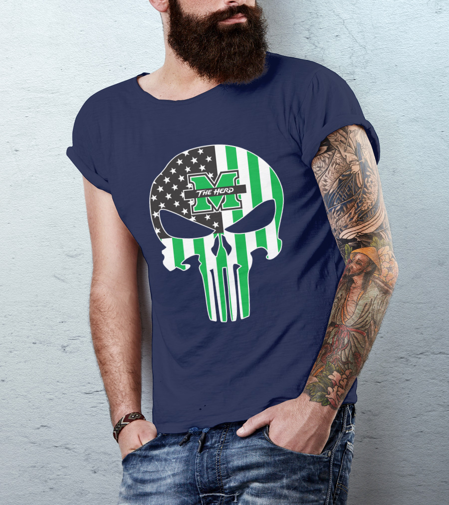 Marshall Thundering Herd The Punisher American Flag Skull T-Shirt