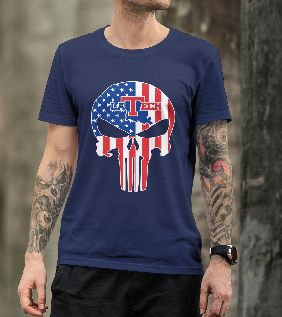 Louisiana Tech Bulldogs La Tech Skull American Flag Punisher T-Shirt