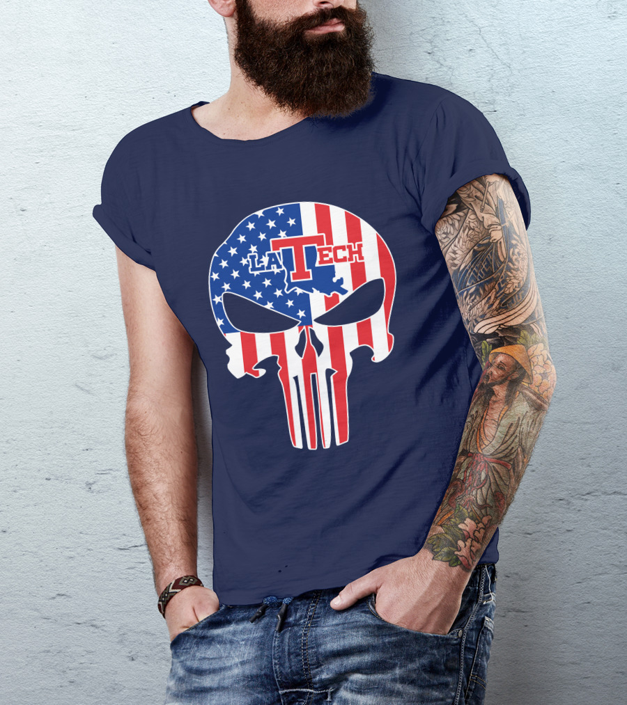 Louisiana Tech Bulldogs La Tech Skull American Flag Punisher T-Shirt