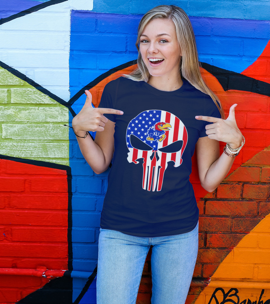 Kansas Jayhawks The Punisher American Flag Skull T-Shirt