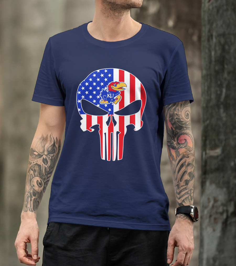 Kansas Jayhawks The Punisher American Flag Skull T-Shirt