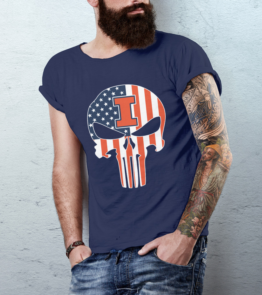 Illinois Fighting Illini Skull Punisher American Flag I T-Shirt