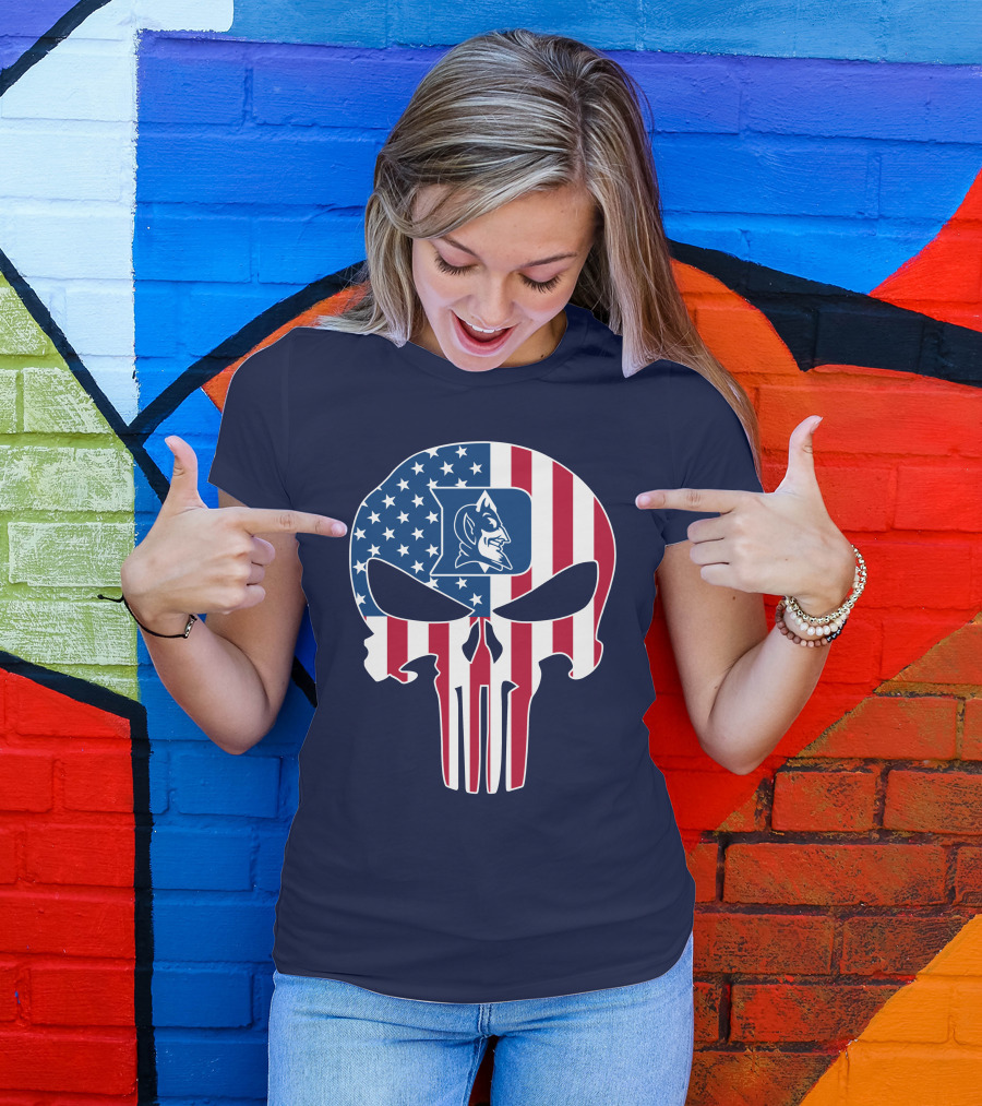 Duke Blue Devils The Punisher American Flag Skull T-Shirt