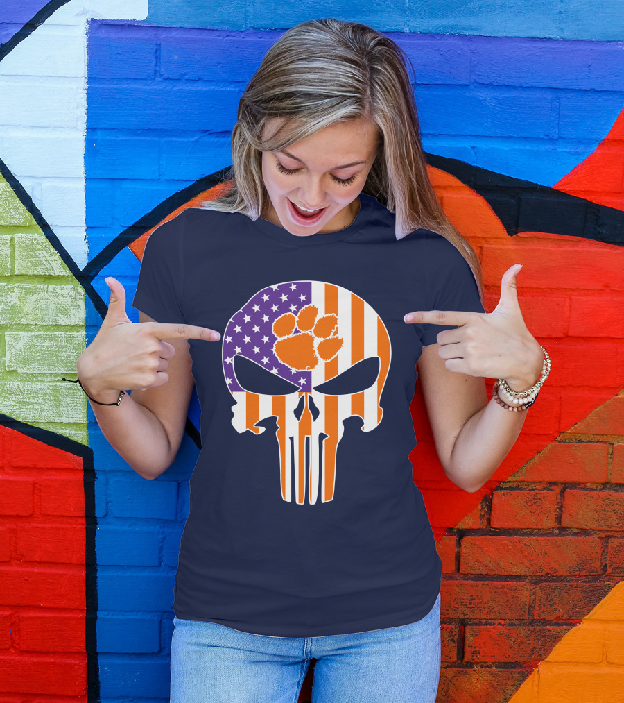 Clemson Tigers The Punisher American Flag Skull Paw T-Shirt