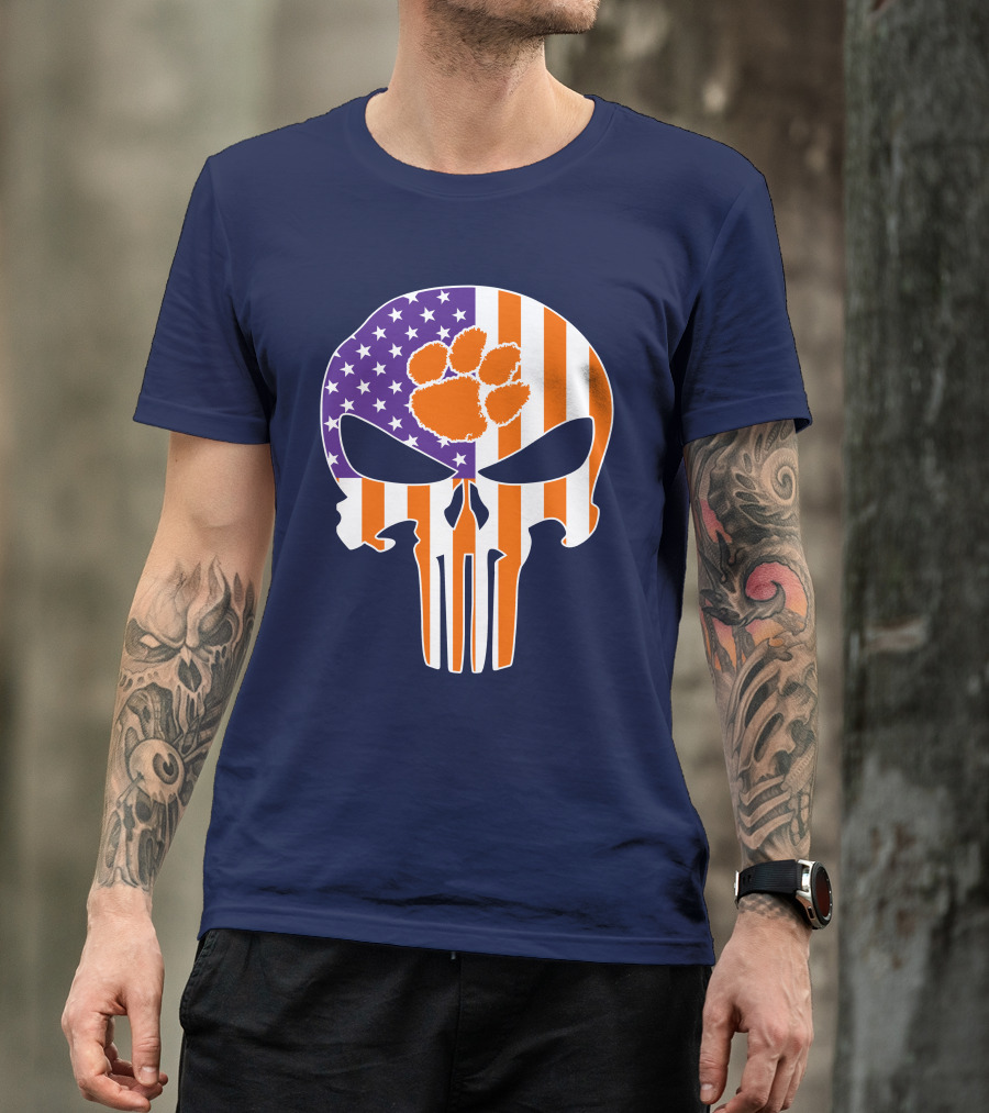 Clemson Tigers The Punisher American Flag Skull Paw T-Shirt