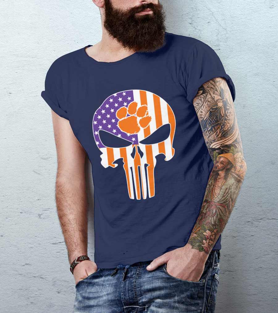 Clemson Tigers The Punisher American Flag Skull Paw T-Shirt