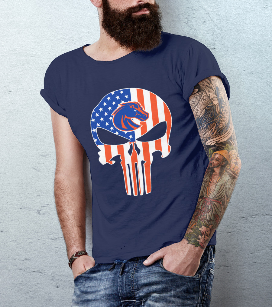 Boise State Broncos The Punisher American Flag Skull T-Shirt