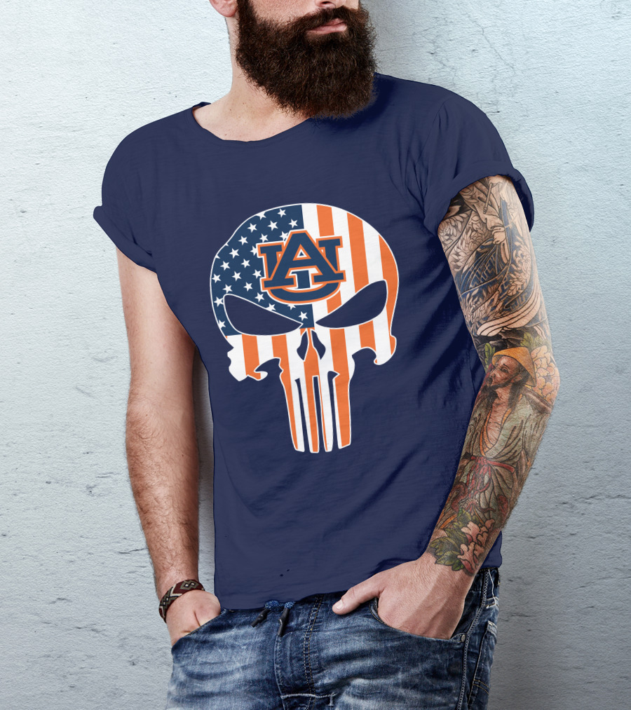 Auburn Au Logo American Flag Punisher Skull T-Shirt