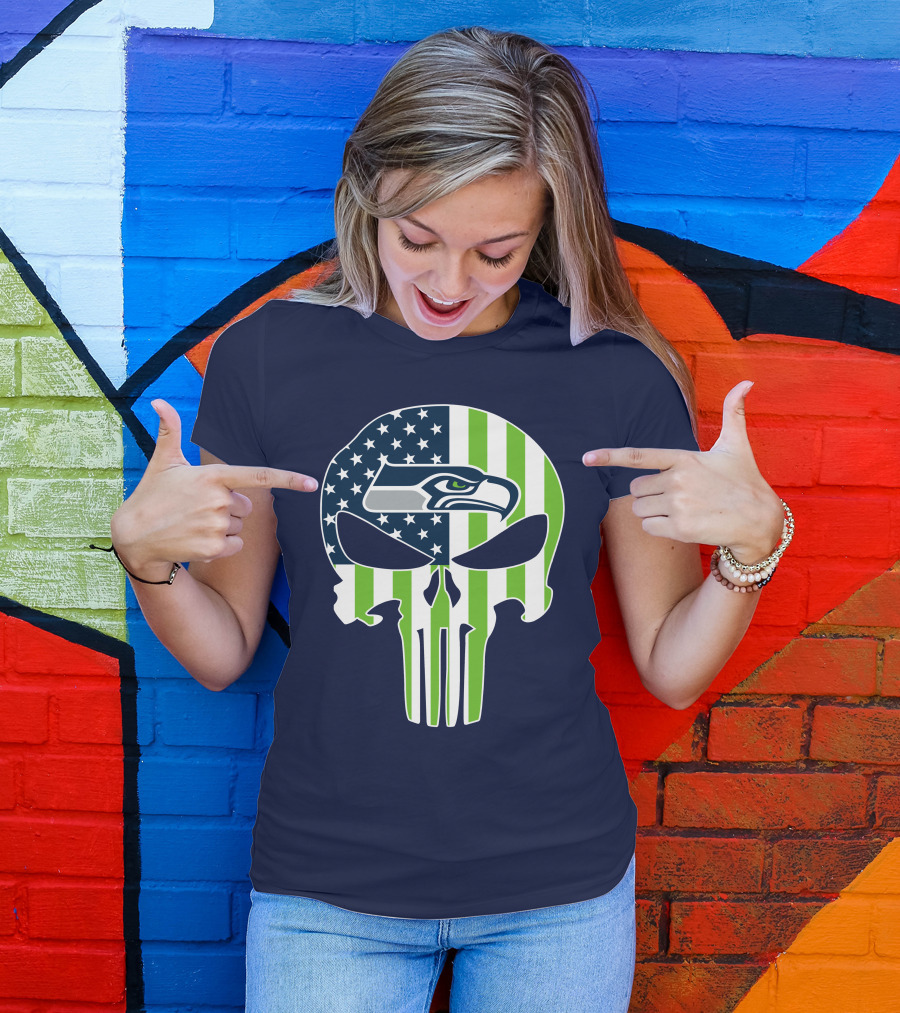 Seattle Seahawks The Punisher Skull American Flag T-Shirt