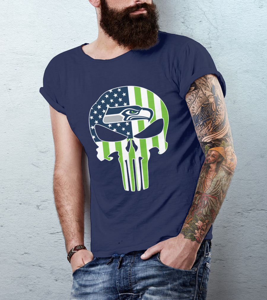 Seattle Seahawks The Punisher Skull American Flag T-Shirt