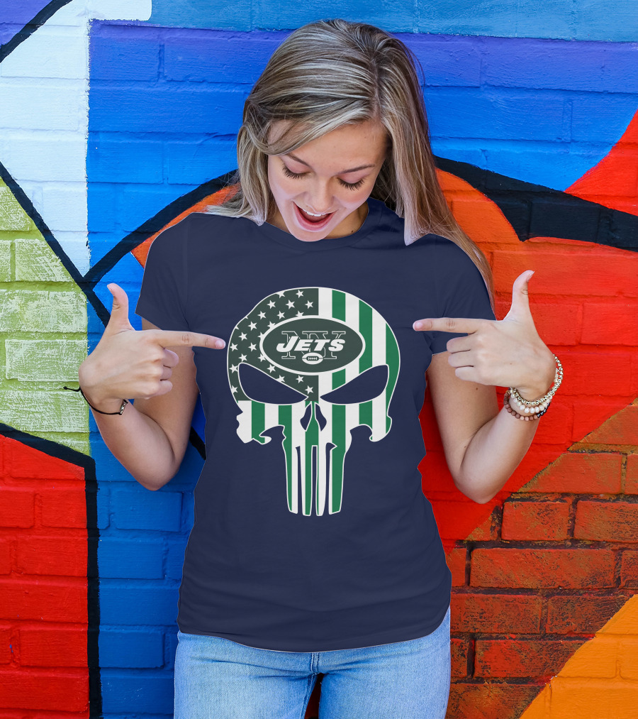 New York Jets Punisher Skull American Flag T-Shirt