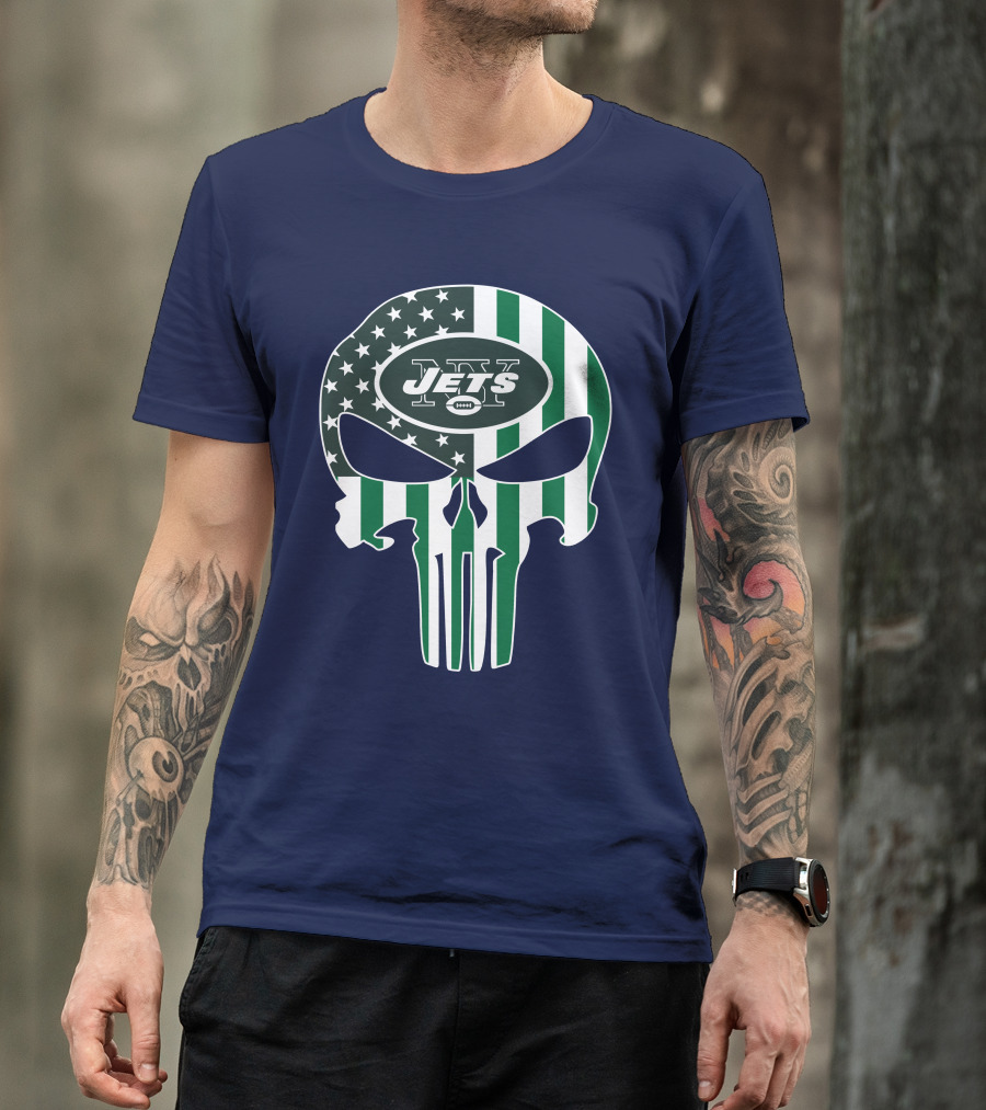 New York Jets Punisher Skull American Flag T-Shirt