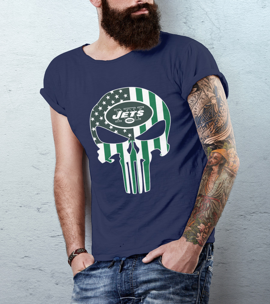 New York Jets Punisher Skull American Flag T-Shirt
