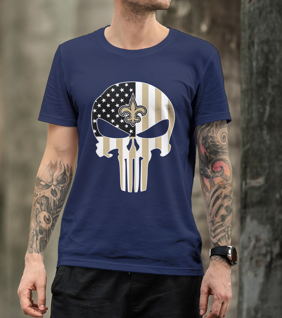 New Orleans Saints The Punisher American Flag Skull Fleur-De-Lis T-Shirt