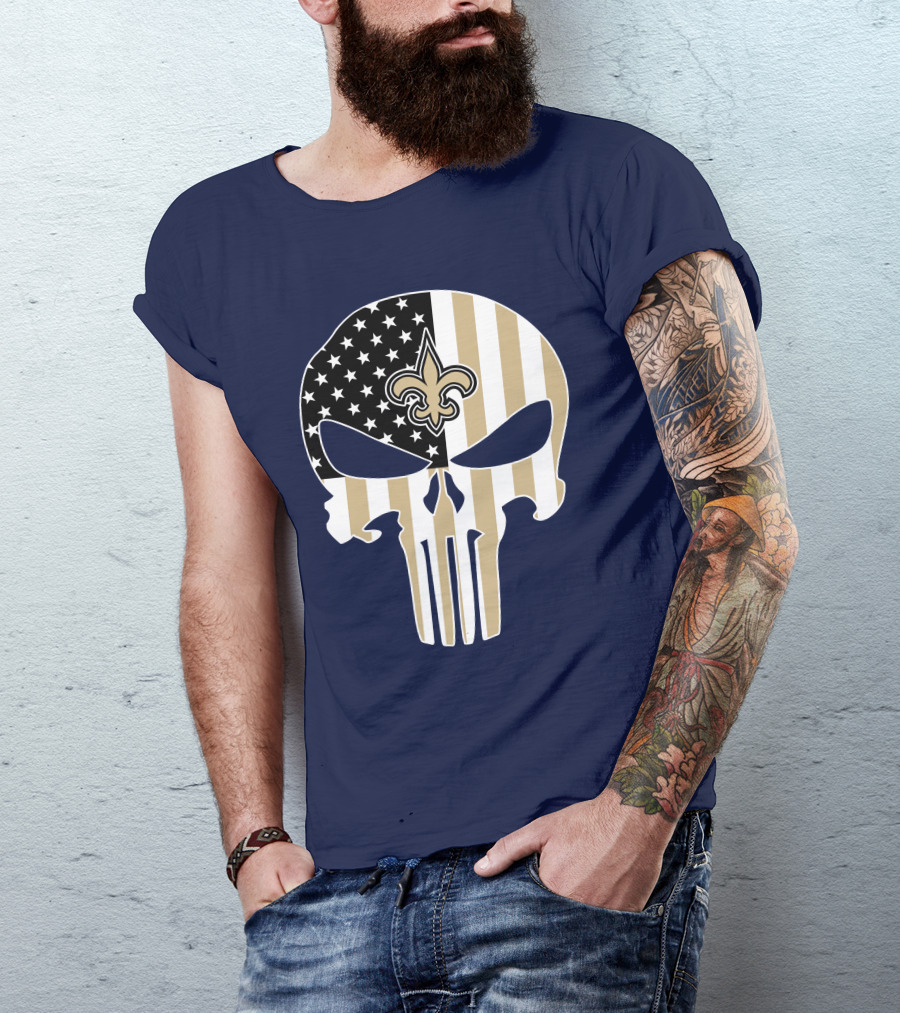 New Orleans Saints The Punisher American Flag Skull Fleur-De-Lis T-Shirt