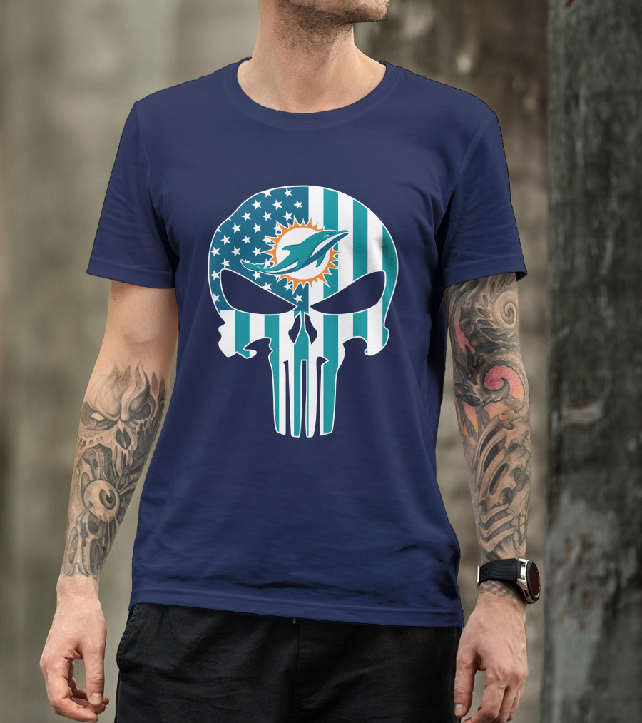 Miami Dolphins The Punisher American Flag Skulls T-Shirt