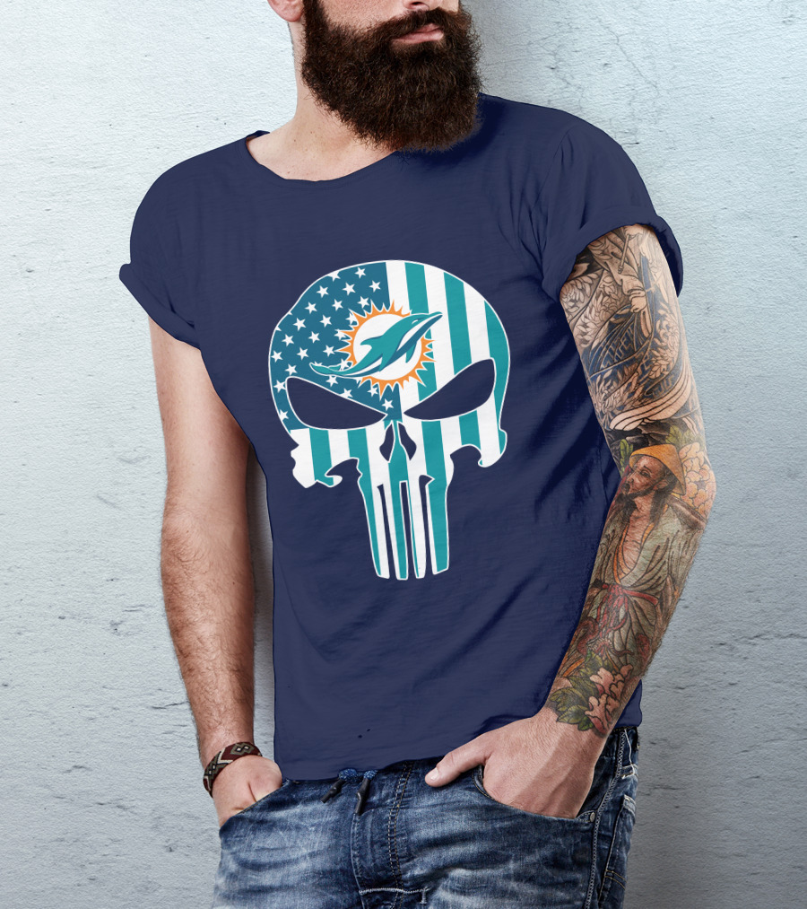 Miami Dolphins The Punisher American Flag Skulls T-Shirt