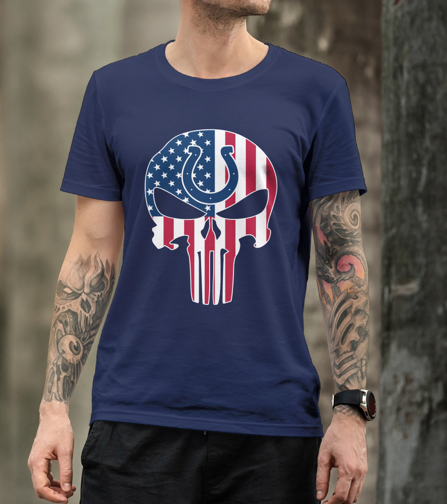 Indianapolis Colts The Punisher Skull American Flag Colts Horseshoe T-Shirt