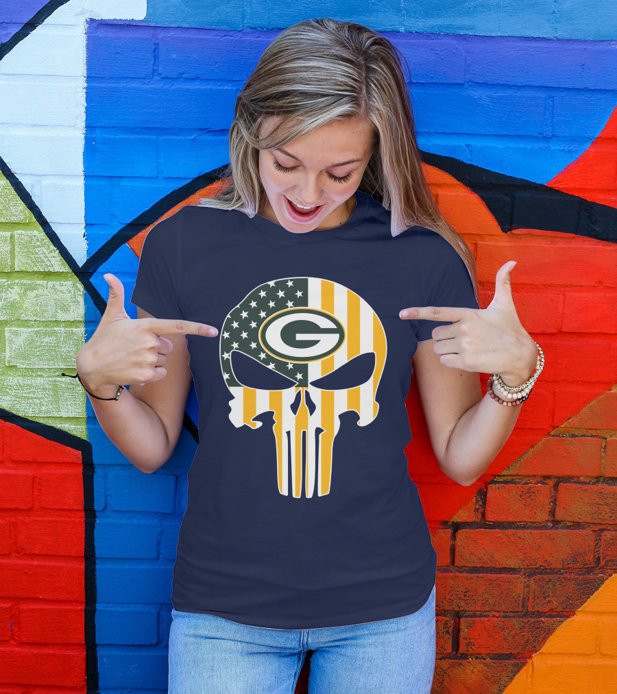 Green Bay Packers The Punisher American Flag Skull T-Shirt