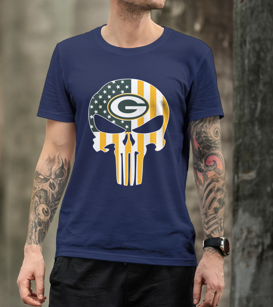 Green Bay Packers The Punisher American Flag Skull T-Shirt