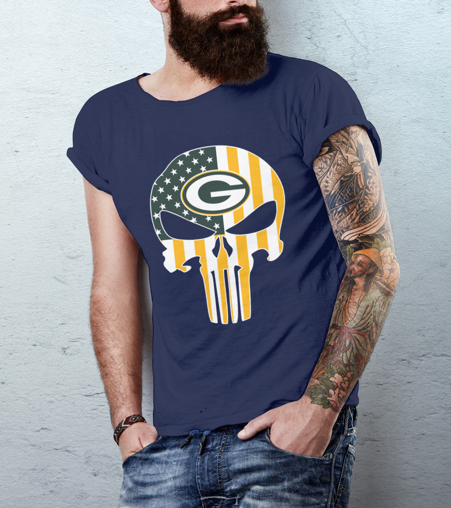 Green Bay Packers The Punisher American Flag Skull T-Shirt