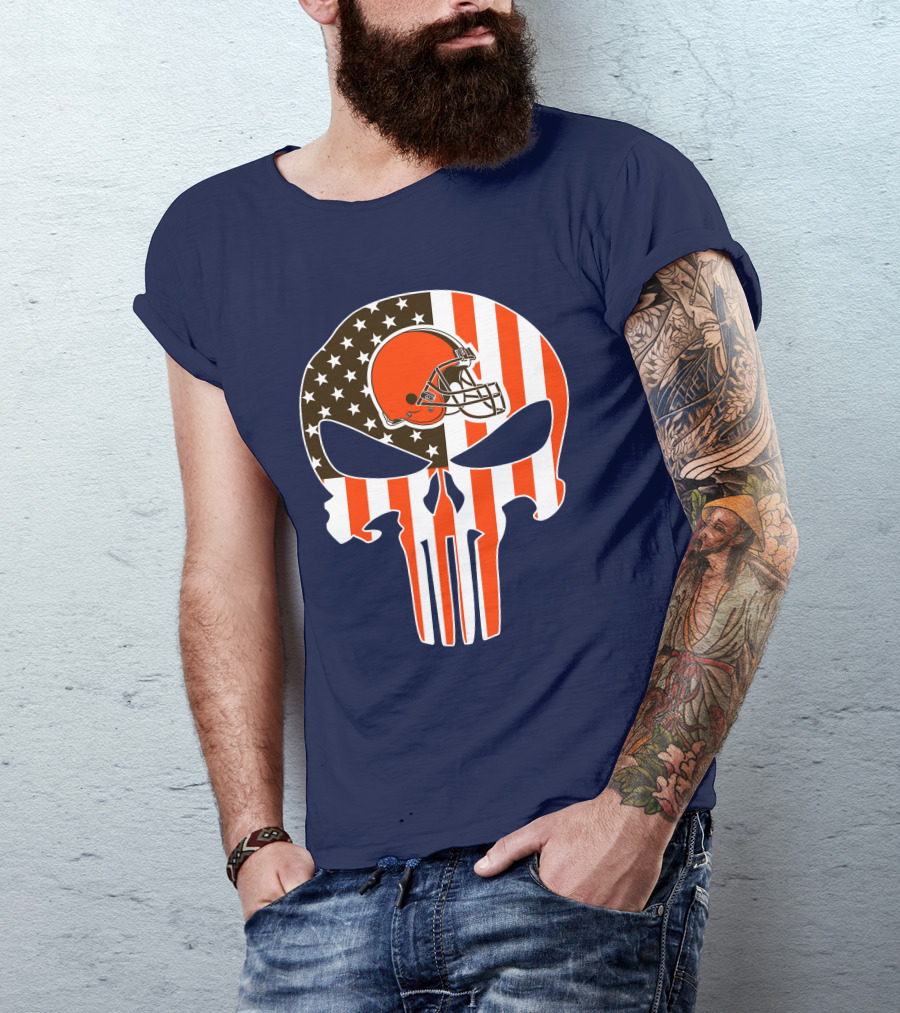 Cleveland Browns The Punisher American Flag Helmet Skull T-Shirt