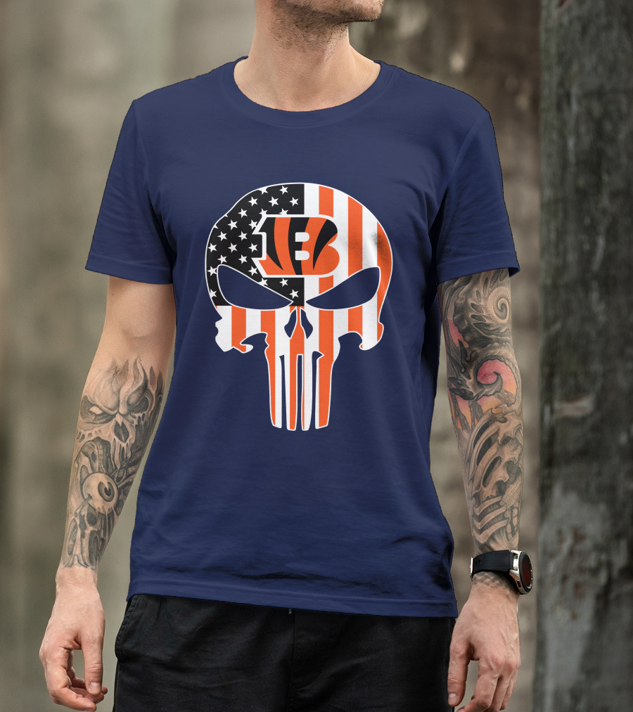 Cincinnati Bengals Skull Logo American Flag T-Shirt