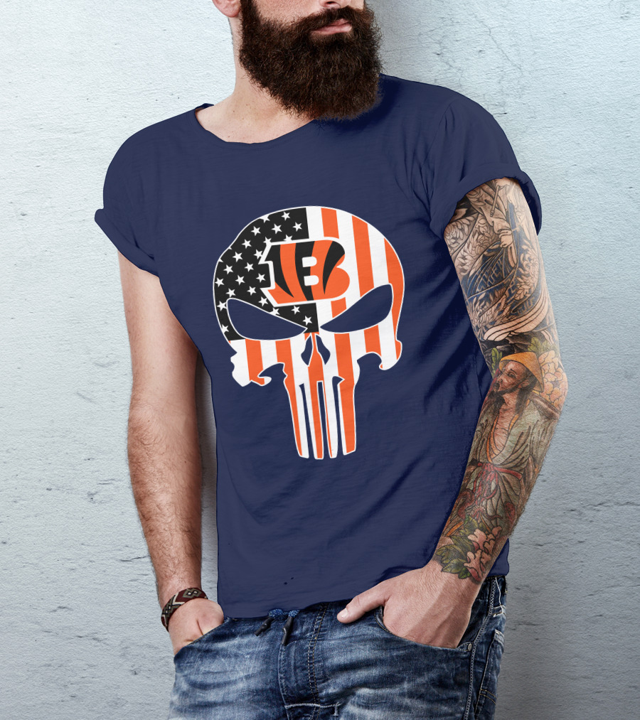 Cincinnati Bengals Skull Logo American Flag T-Shirt