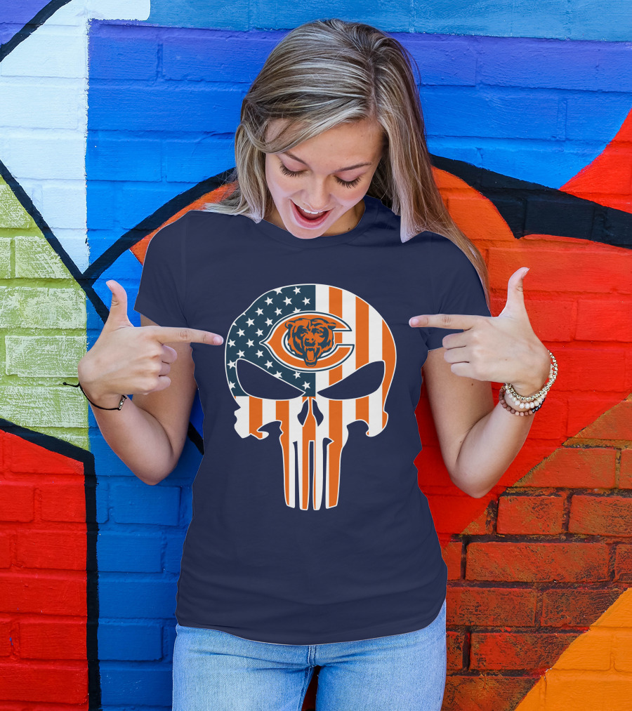Chicago Bears The Punisher Skull American Flag T-Shirt