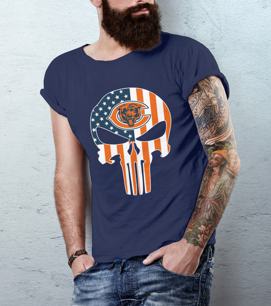 Chicago Bears The Punisher Skull American Flag T-Shirt