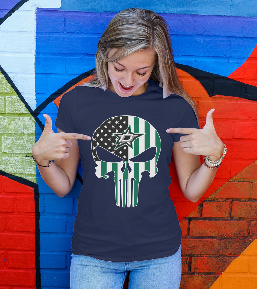 Dallas Stars Punisher Skull American Flag Stripe T-Shirt