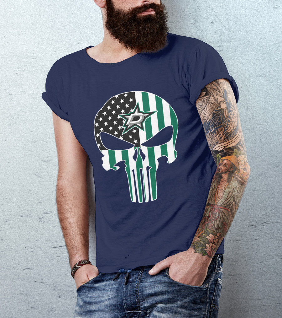 Dallas Stars Punisher Skull American Flag Stripe T-Shirt