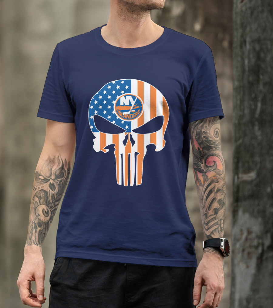 New York Islanders Punisher Skull American Flag T-Shirt