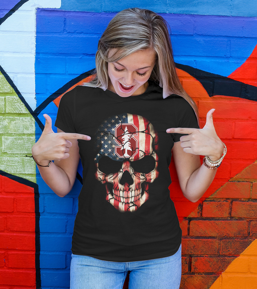 Stanford Cardinal Skull American Flag T-Shirt