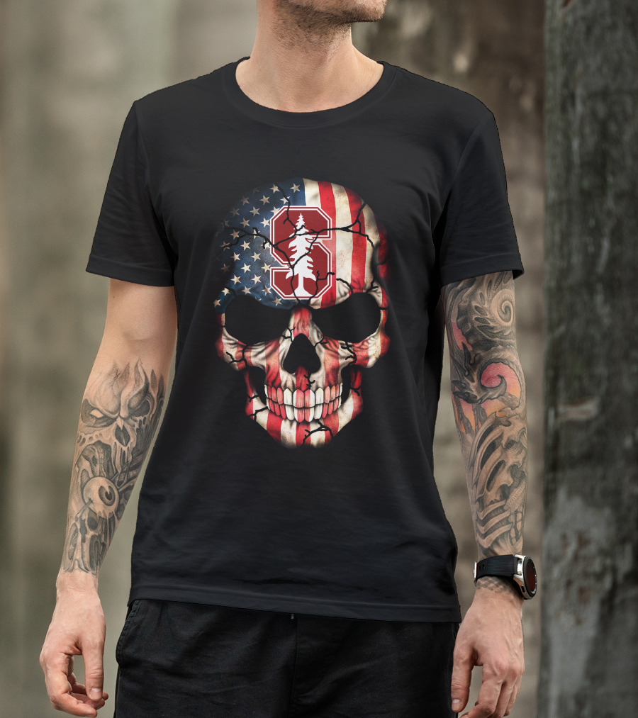 Stanford Cardinal Skull American Flag T-Shirt