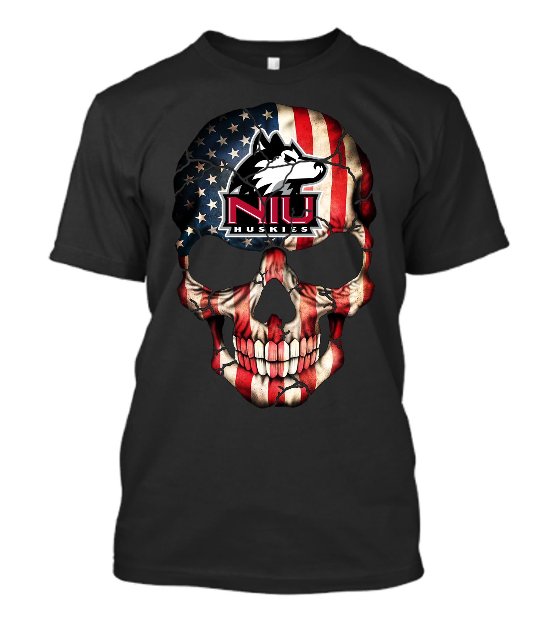 Niu Huskies American Flag Skull T-Shirt