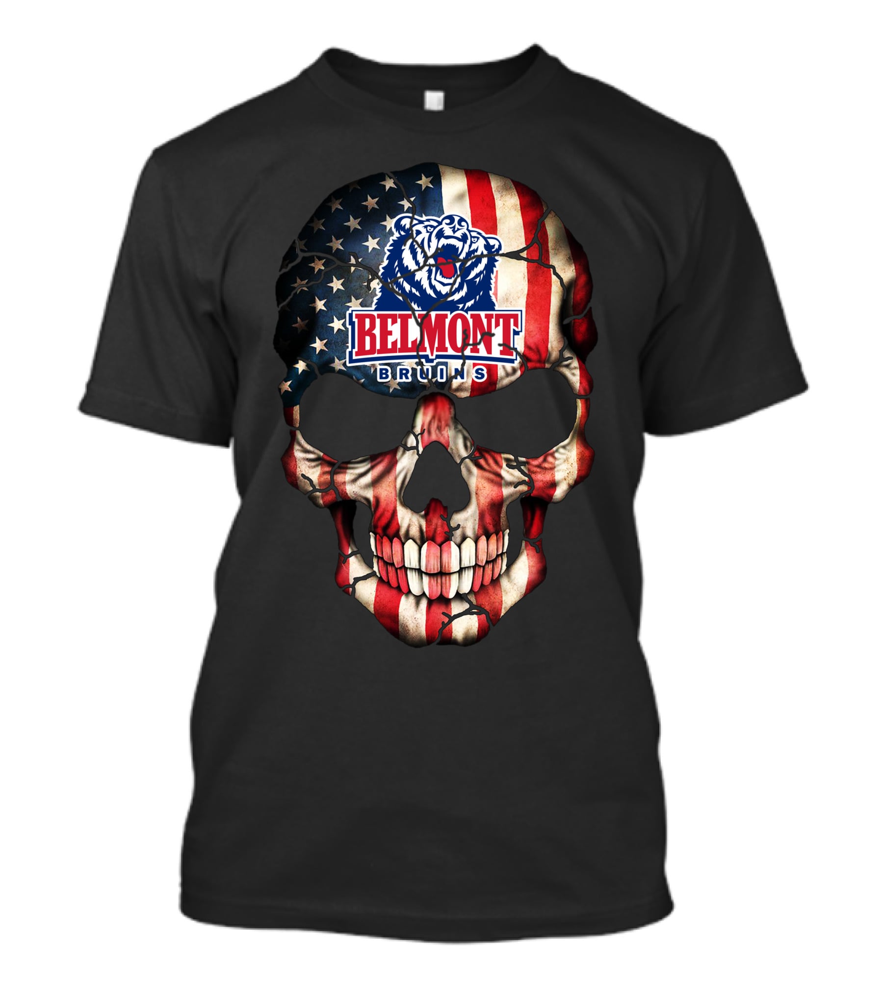 Belmont Bruins American Flag Skull With Bear T-Shirt