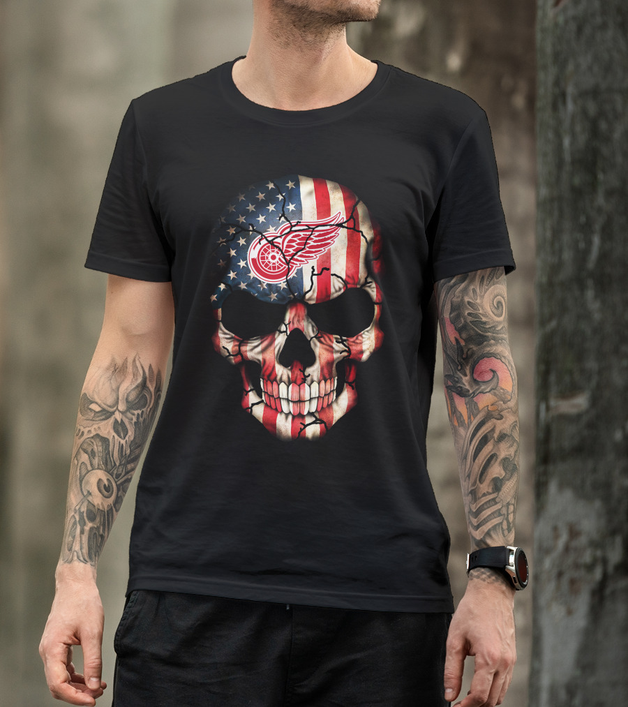 Detroit Red Wings American Flag Skull T-Shirt