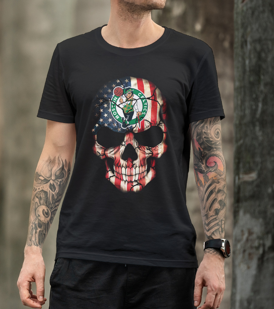 Boston Celtics American Flag Skull T-Shirt