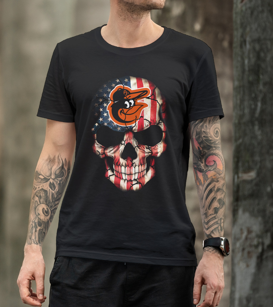 Baltimore Orioles American Flag Skull T-Shirt