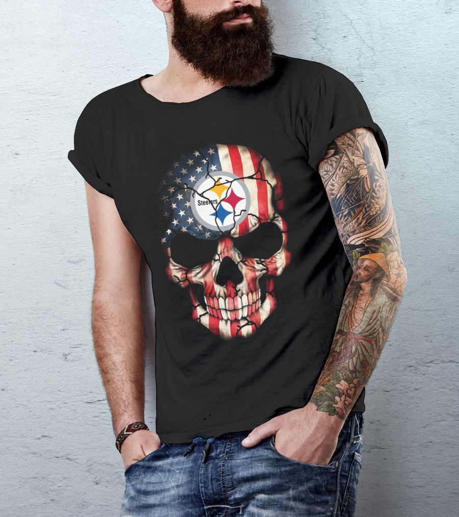 Pittsburgh Steelers American Flag Skull T-Shirt