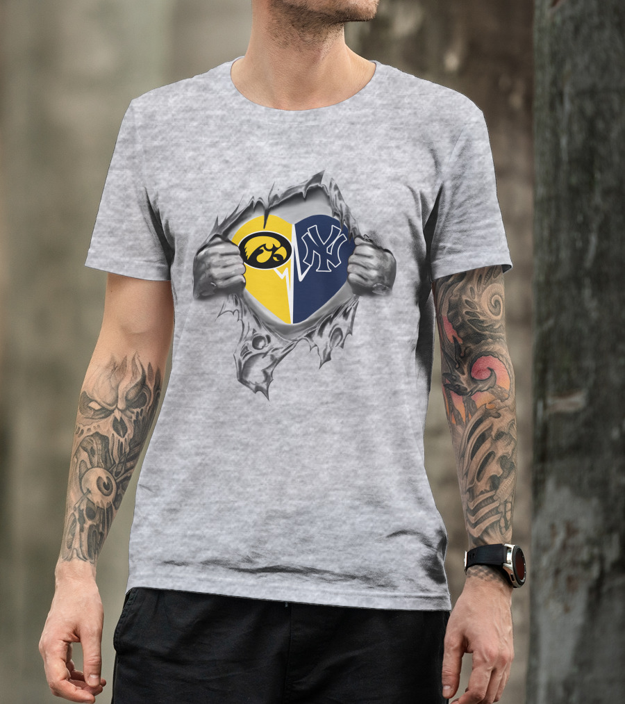 Yankees Hawkeyes Heart Design Featuring Iowa And New York Logos T-Shirt