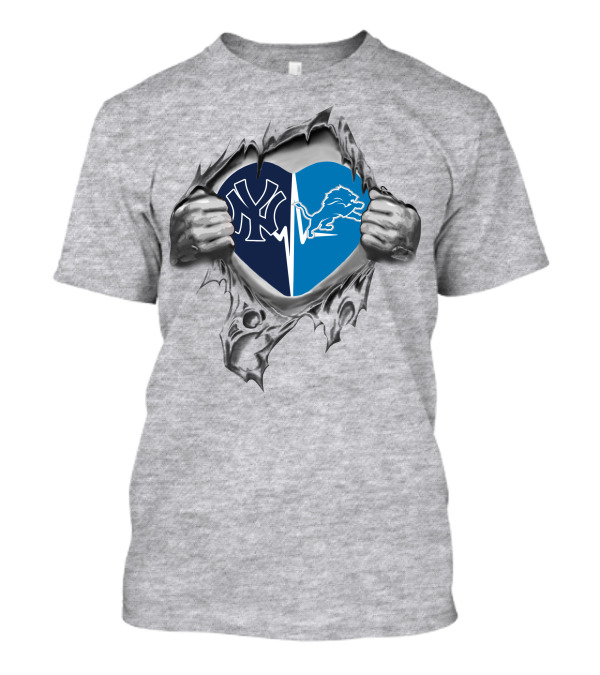 Yankees Detroit Lions Split Heart Emblem In Torn Grey Fabric T-Shirt