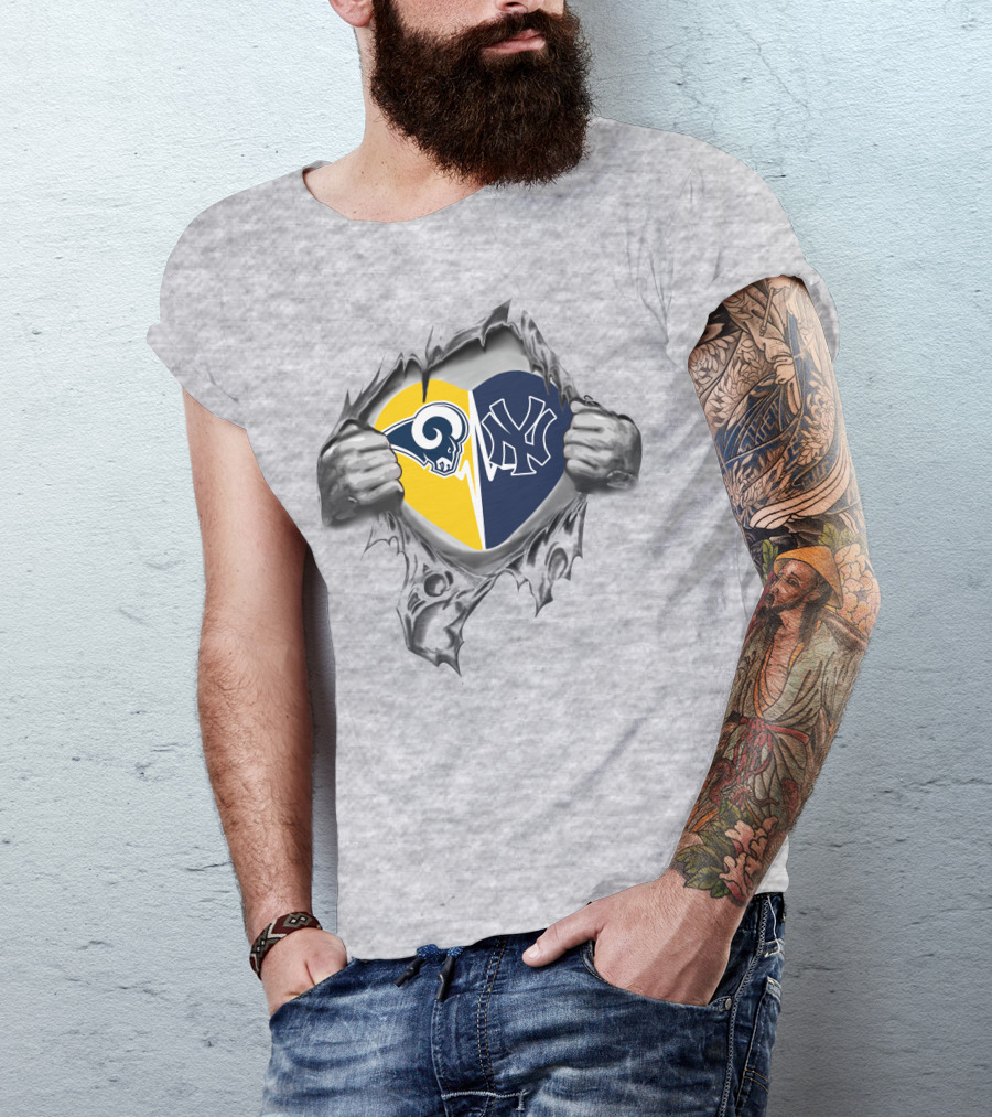 Yankees Los Angeles Rams Heart Symbol In Torn T-Shirt