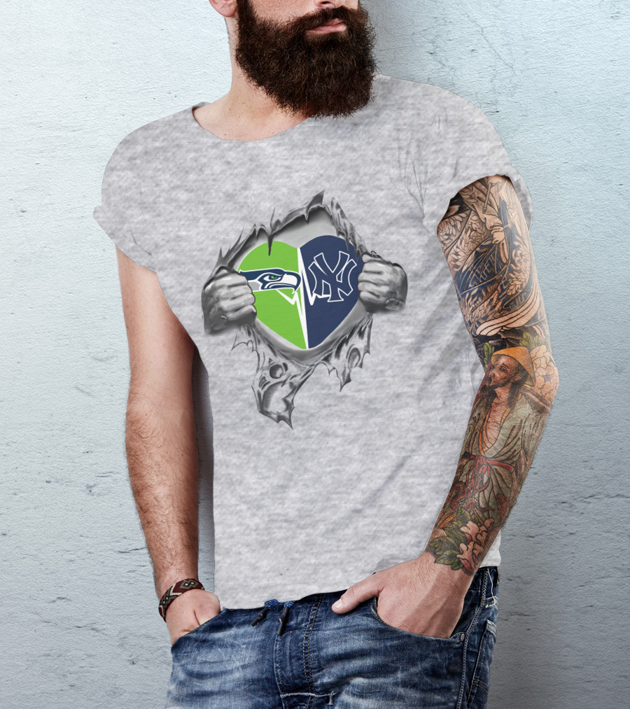 Yankees Seattle Seahawks Heart Passion Dual Allegiance T-Shirt