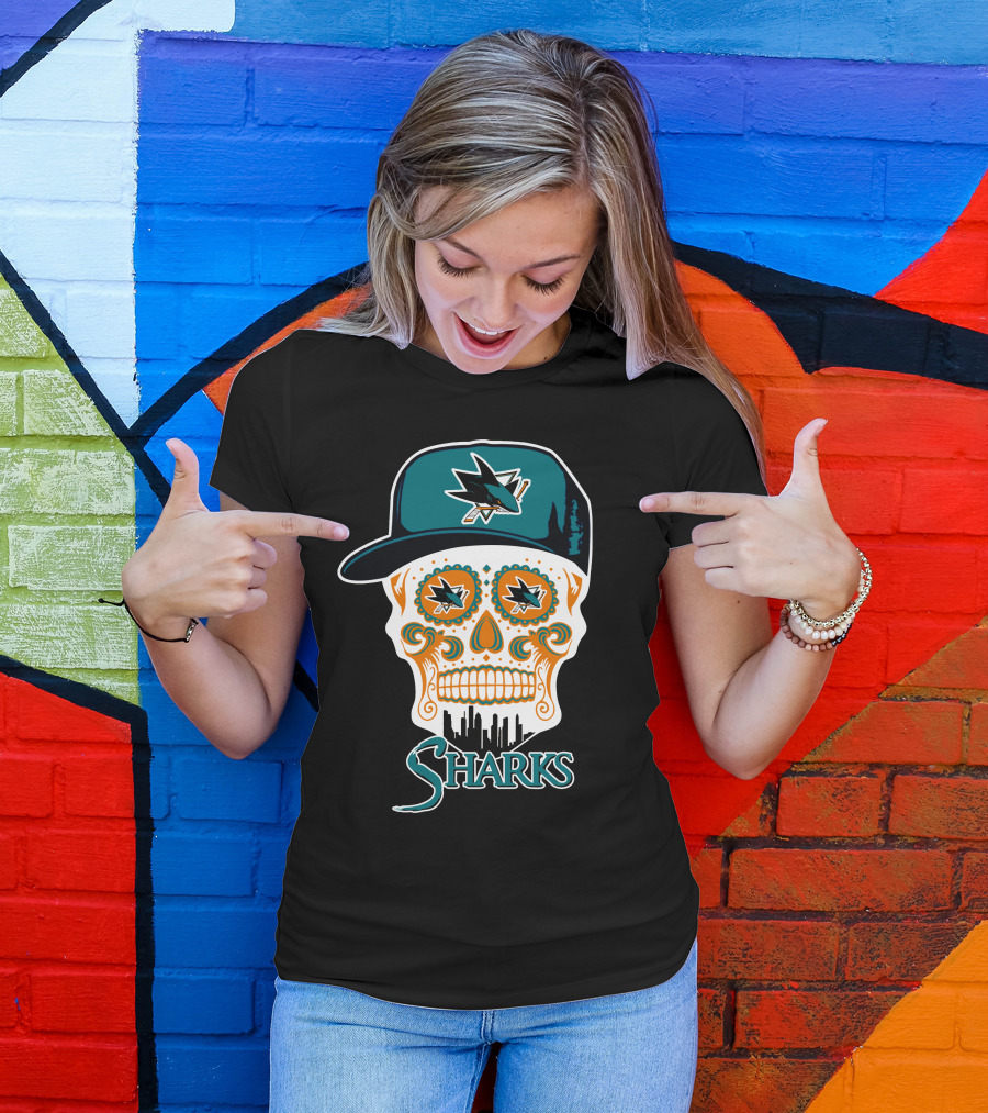 San Jose Sharks Sugar Skull Logo With Hat And City Skyline T-Shirt