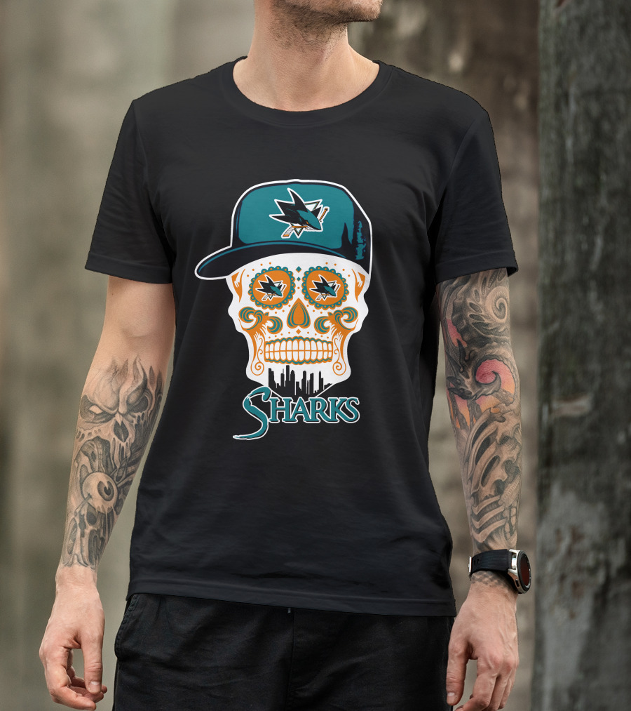 San Jose Sharks Sugar Skull Logo With Hat And City Skyline T-Shirt